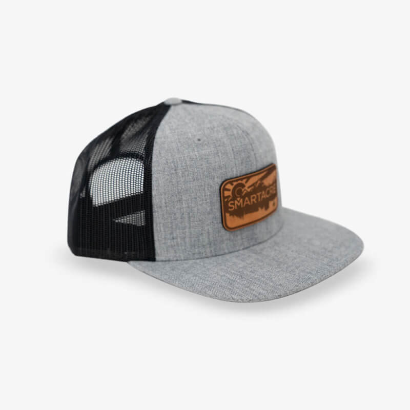 Gray & Black Flat Brim Trucker Hat with Brown Leather Angle